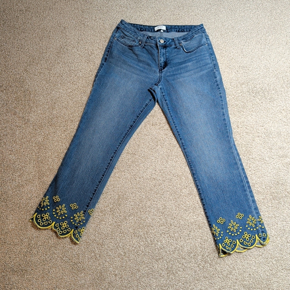 crown & ivy Denim Flare Jeans with Yellow Hem Detail Size 6